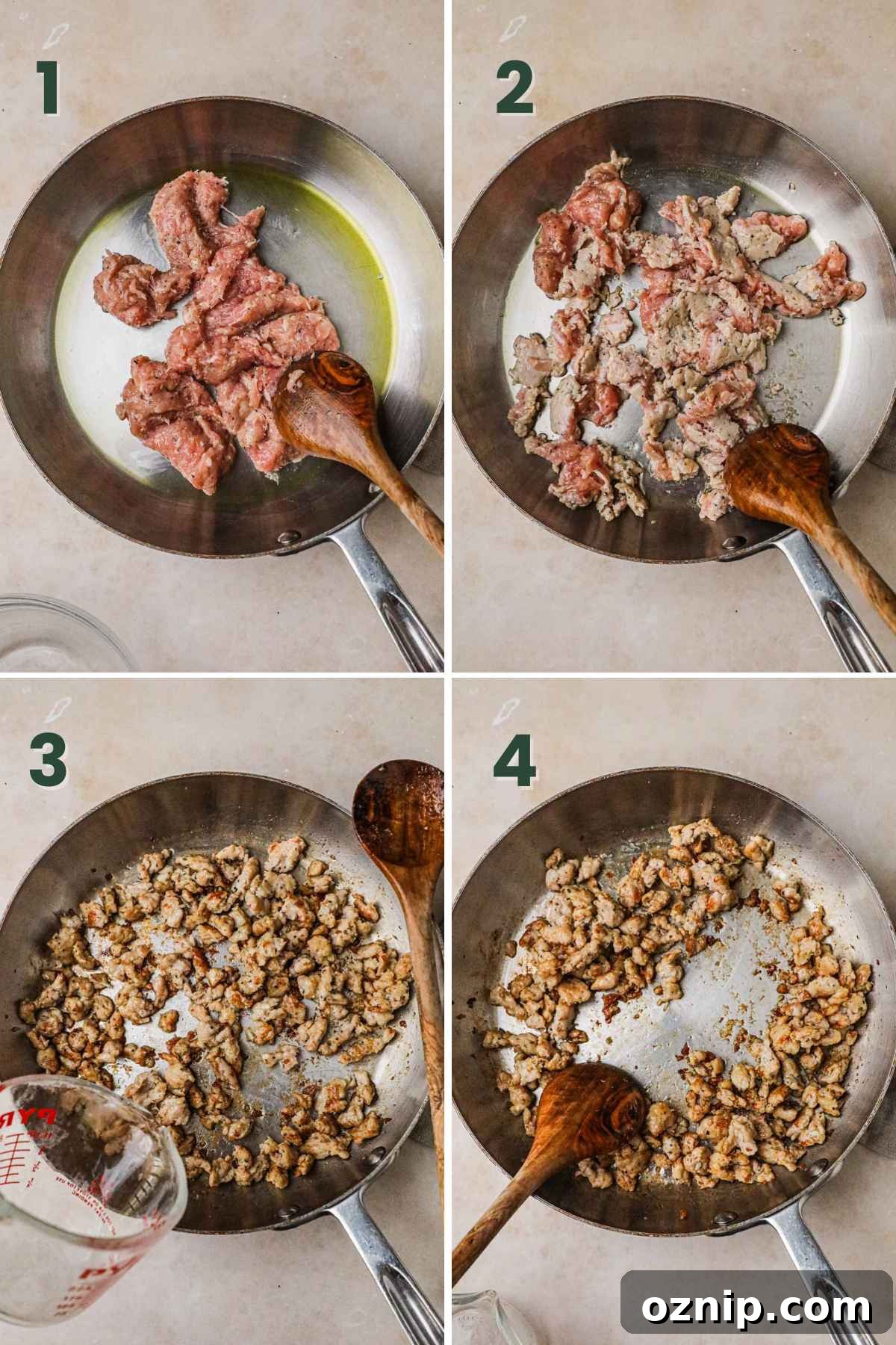 Steps to cook ground Italian sausage, heat oil in pan, crumble with a spoon, cook until caramelized, deglaze.