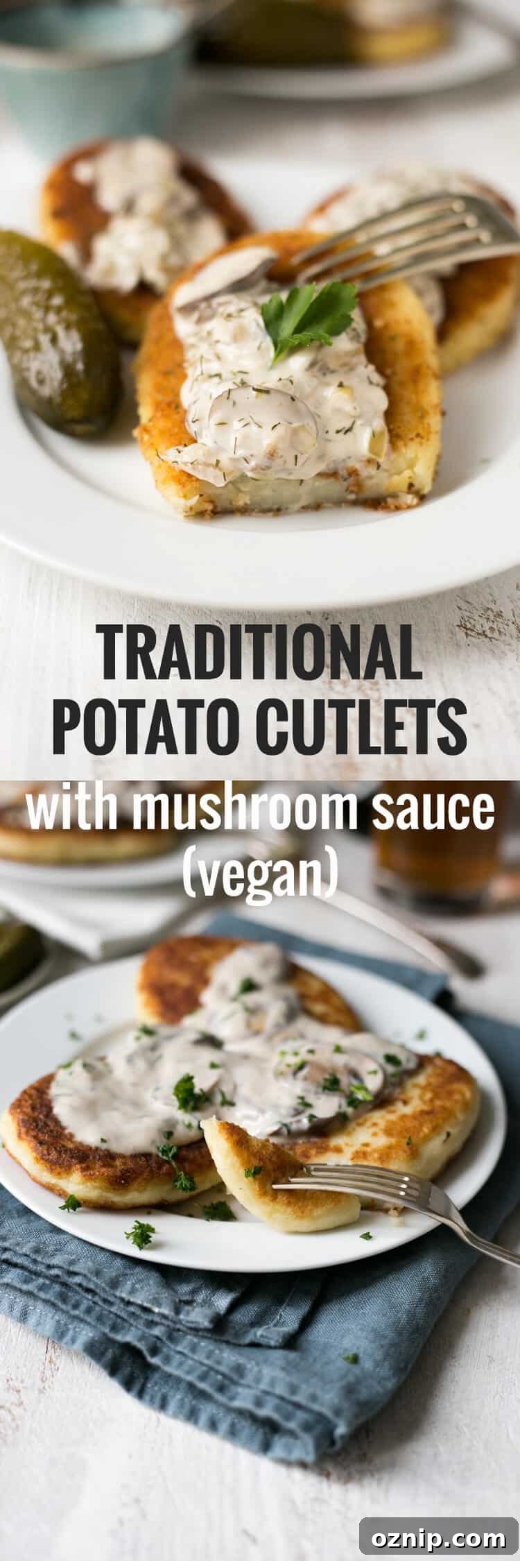 Potato cutlets with creamy mushroom and dill sauce