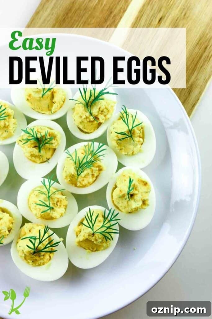 Classic Deviled Eggs Recipe for Parties 12 Easy Deviled Eggs text overlay over a photo of deviled eggs