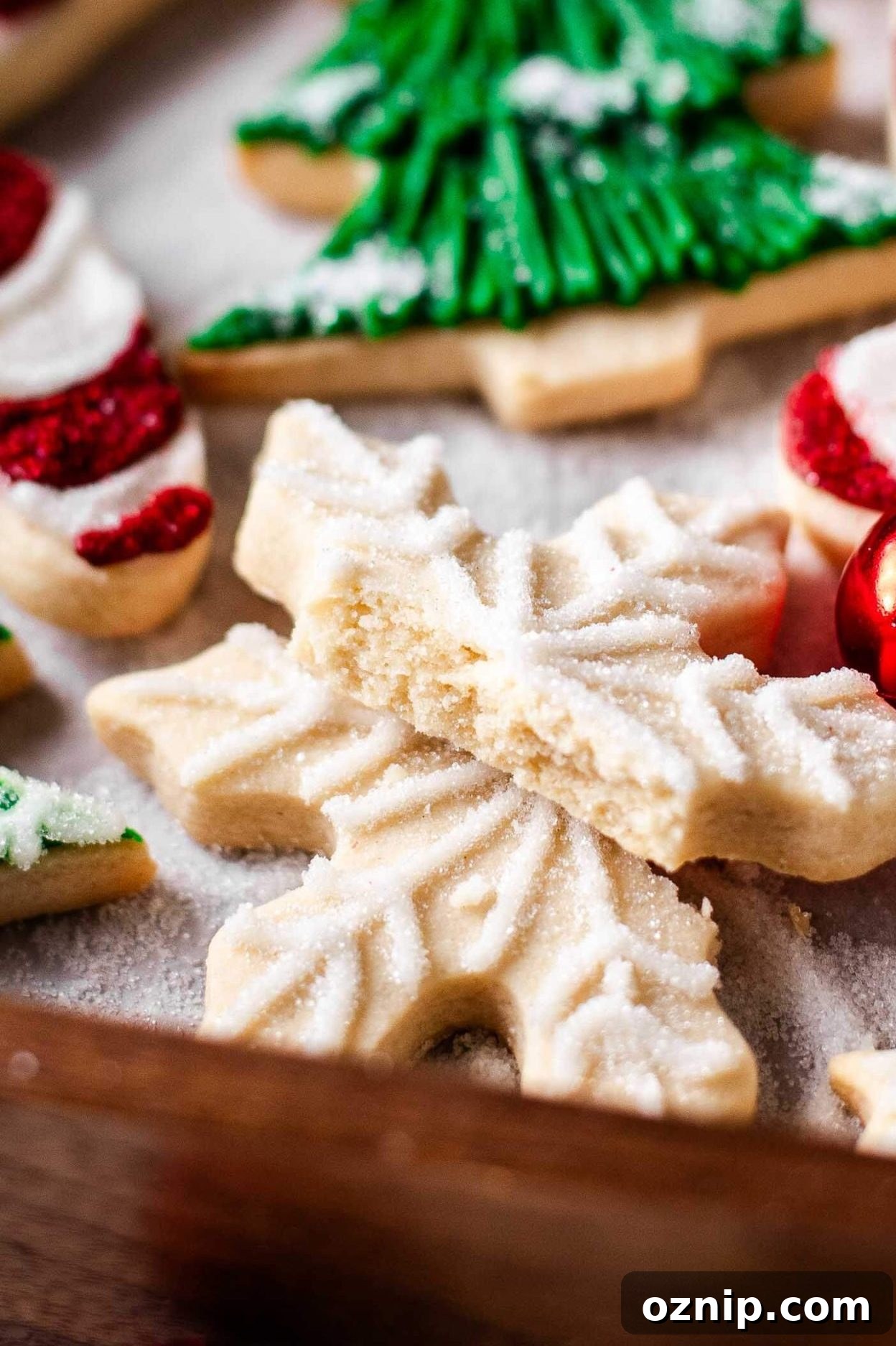 cut out sugar cookies in wooden serving box
