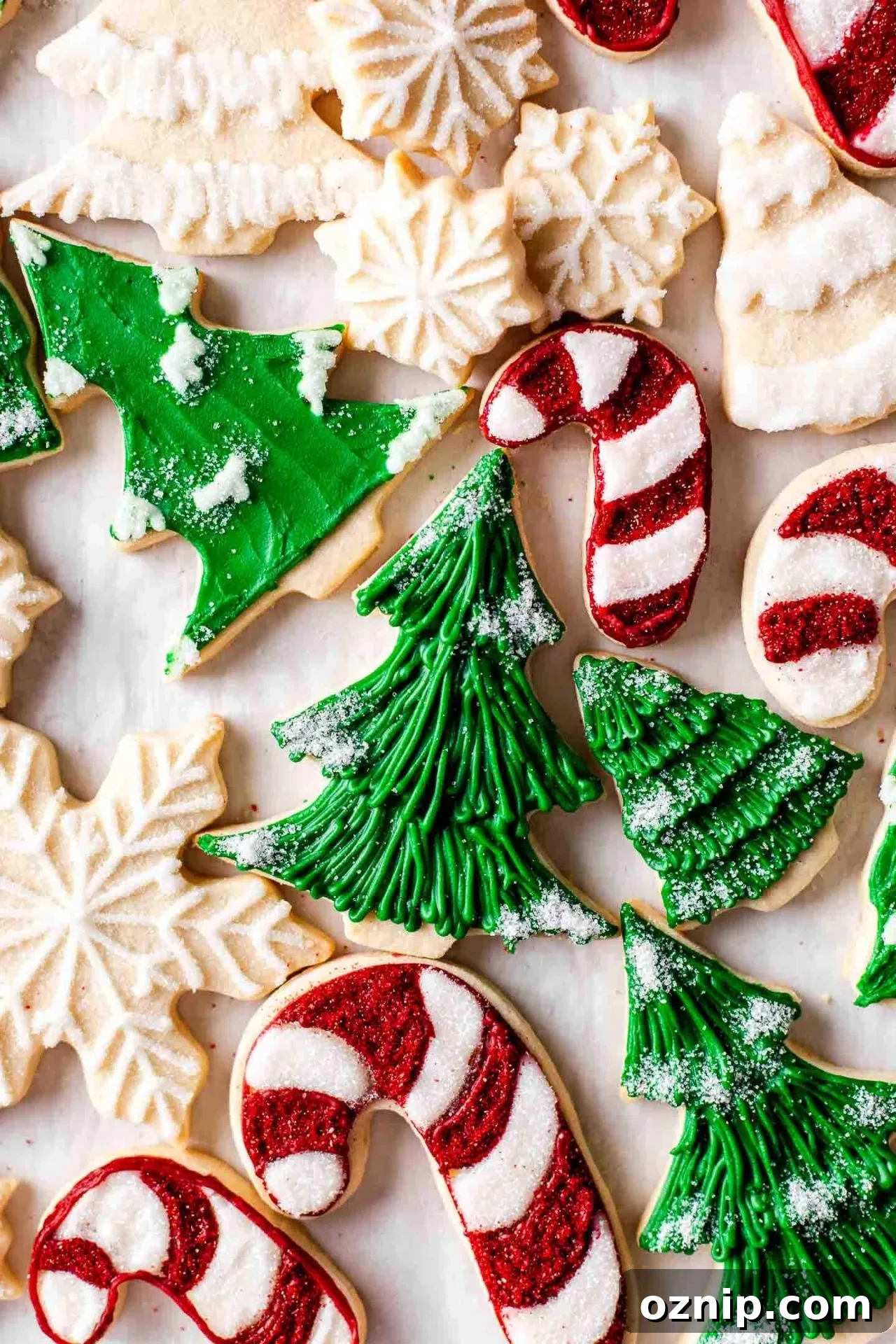 cut out sugar cookies on parchment lined baking sheet