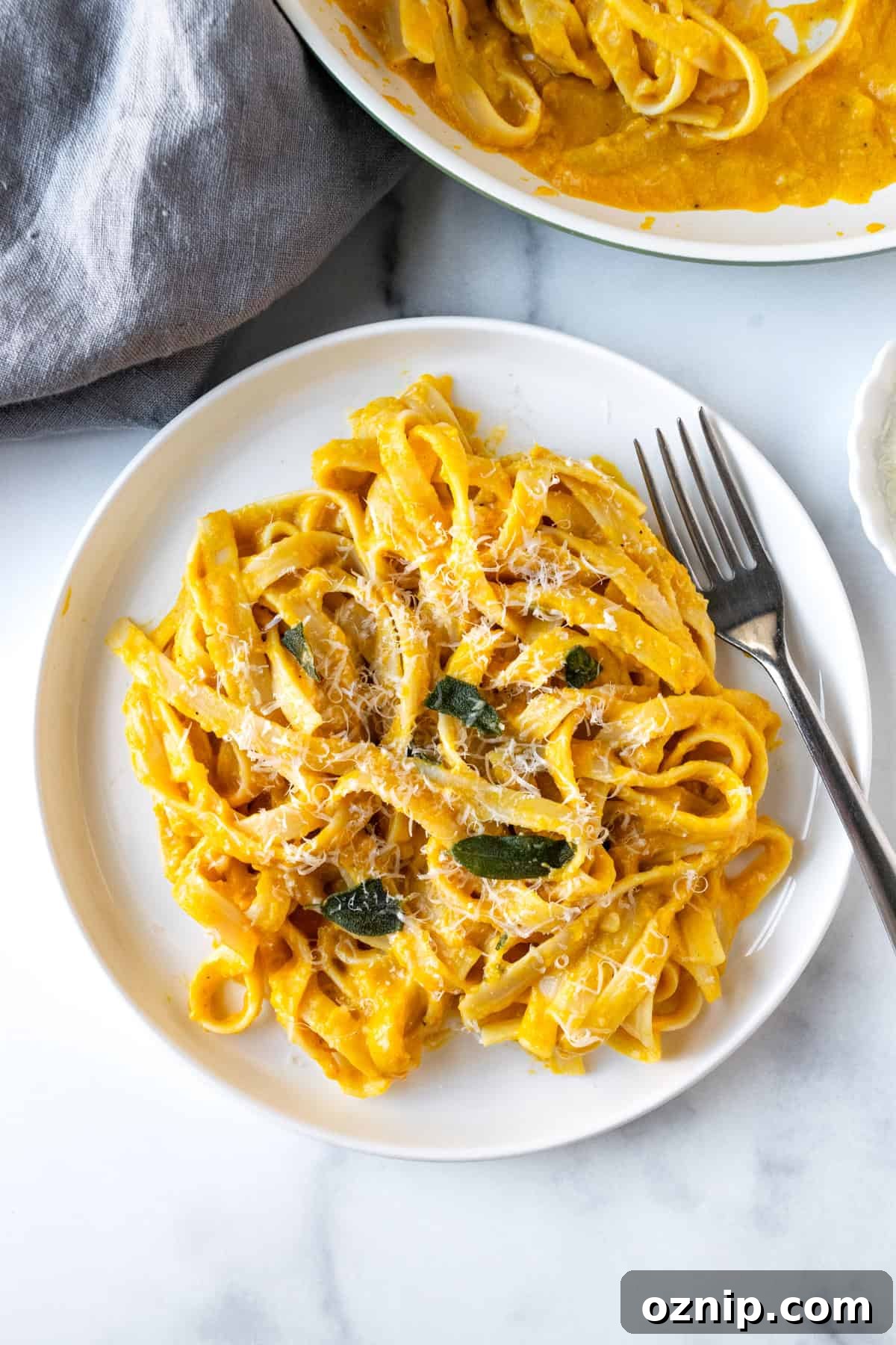 Creamy Pumpkin Fettuccine Alfredo Recipe 2 Pumpkin Fettuccine Alfredo on a white plate.