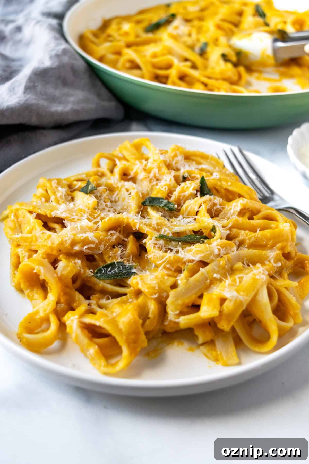 Creamy Pumpkin Fettuccine Alfredo Recipe 6 Pumpkin Fettuccine Alfredo on a white plate.