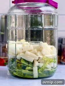 Quick Dongchimi: Radish Water Kimchi Recipe 11 Adding brine and ingredients to jar