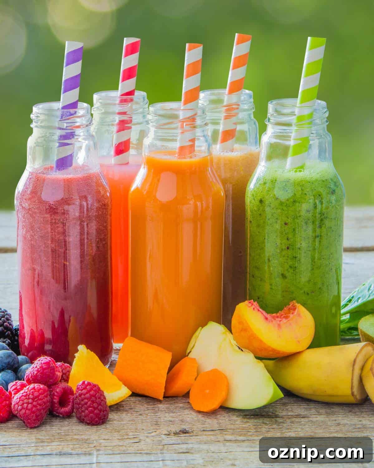 A variety of fruit and vegetable smoothies on a wooden table.