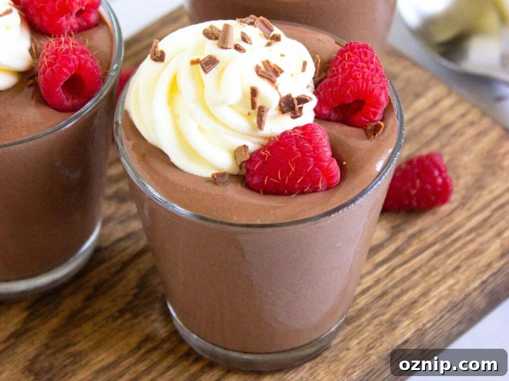 Low Carb Sugar Free Protein Pudding Recipe 15 A glass of protein pudding topped with whipped cream, chocolate shavings, and fresh raspberries.