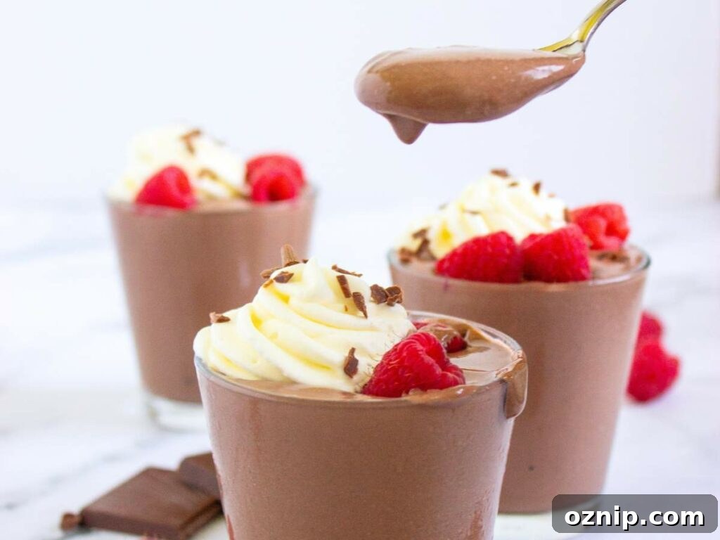 Low Carb Sugar Free Protein Pudding Recipe 4 Three glasses of protein pudding topped with whipped cream and chocolate shavings.