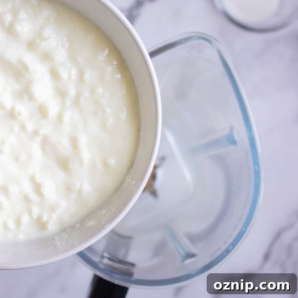 Low Carb Sugar Free Protein Pudding Recipe 6 A bowl of cottage cheese is being poured into a blender on a marble countertop.