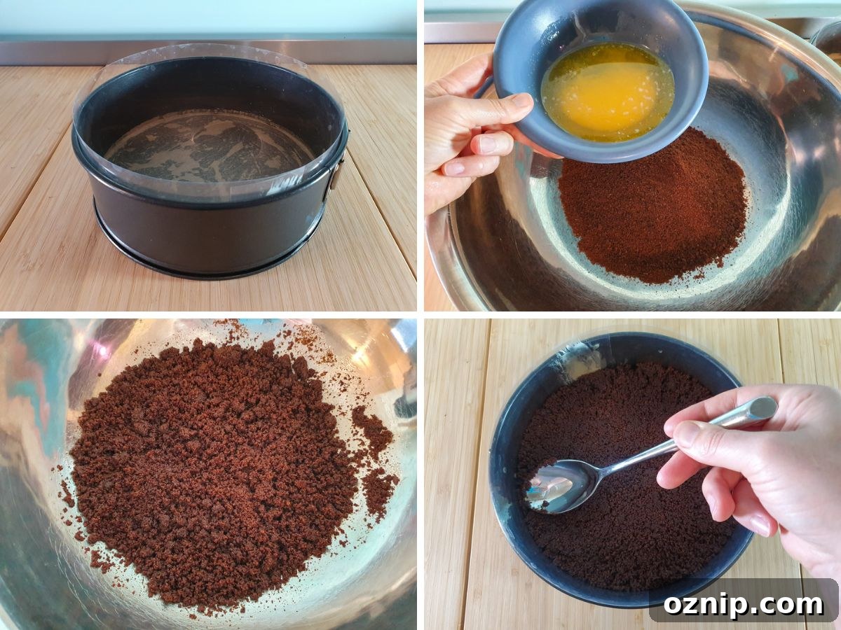 Process shots showing, lining cheesecake springform tin, adding melted butter to cookie crumbs, cookie crumbs with butter mixed in to form bread crumbs, pressing down cookie mix into lined tin with the back of a spoon.