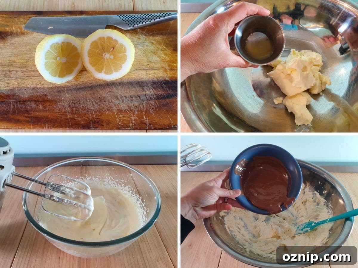 Process shots showing, slicing lemon to juice, adding lemon juice to room temp cream cheese, whipping cream to soft peaks and adding melted, cooled milk chocolate to cream cheese mix.