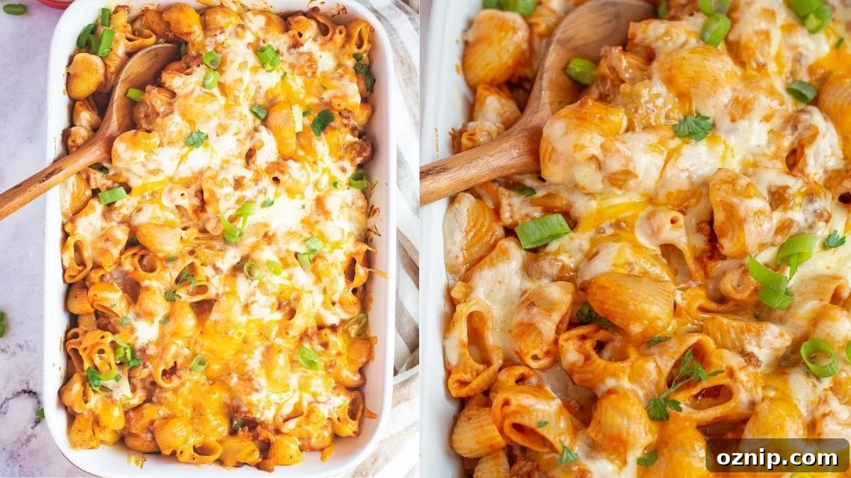 Photo collage of cheesy taco pasta casserole.