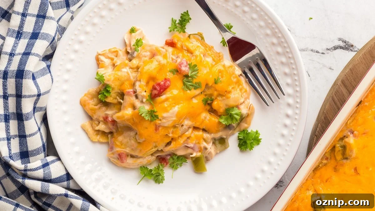 King Ranch chicken casserole on a white plate with a fork.