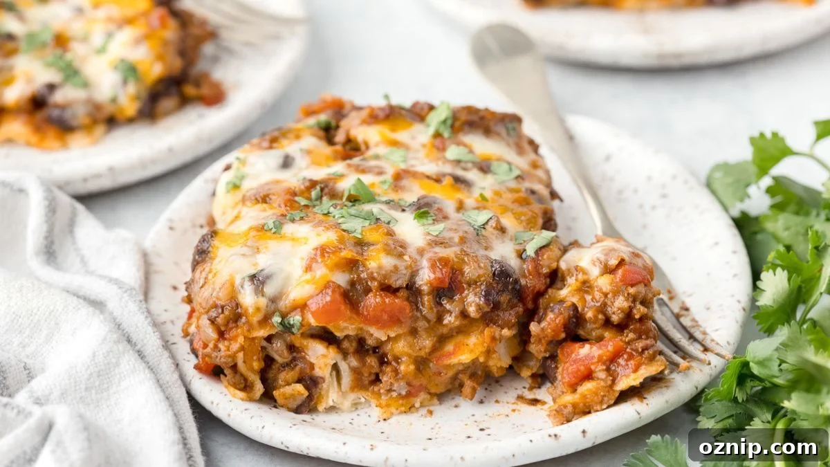 Beef enchilada casserole on a white plate.