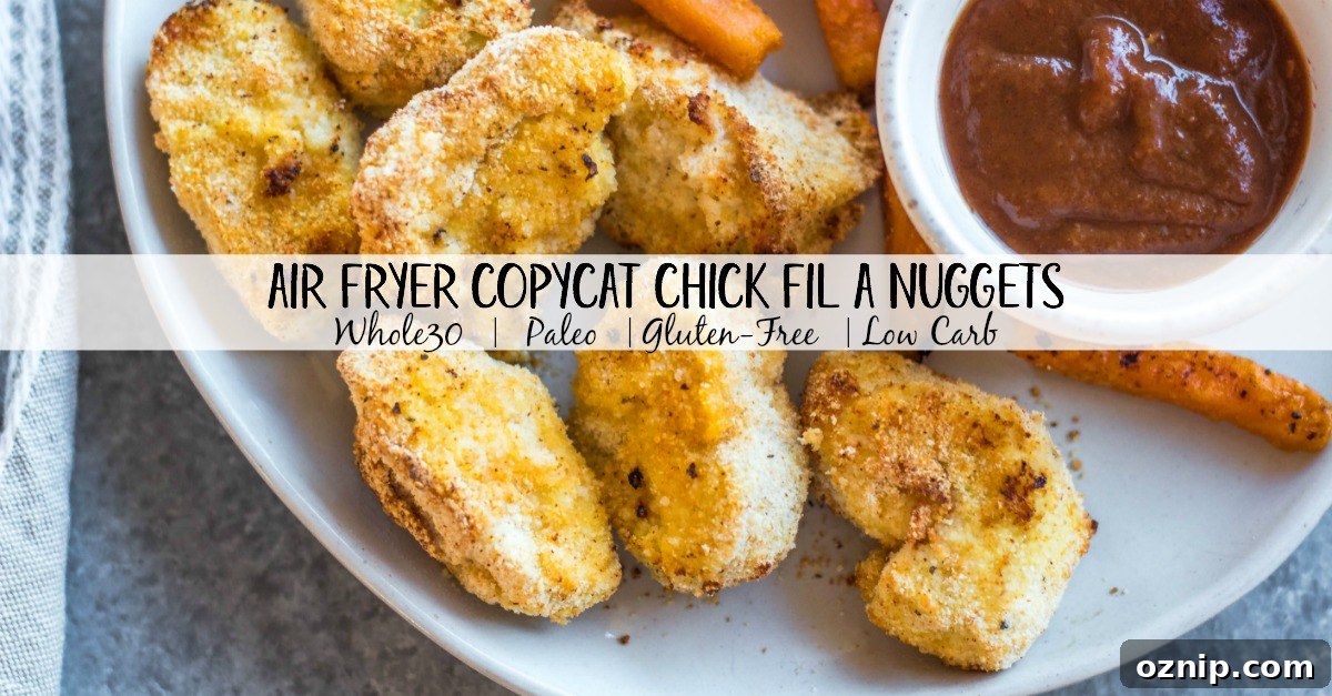 Air Fryer Chicken Nuggets — Chick-fil-A Copycat (Whole30, GF) 3 Golden Whole30 chicken nuggets ready to serve