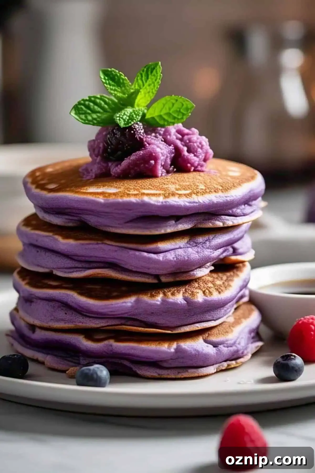 trader joes ube mochi pancakes on a plate