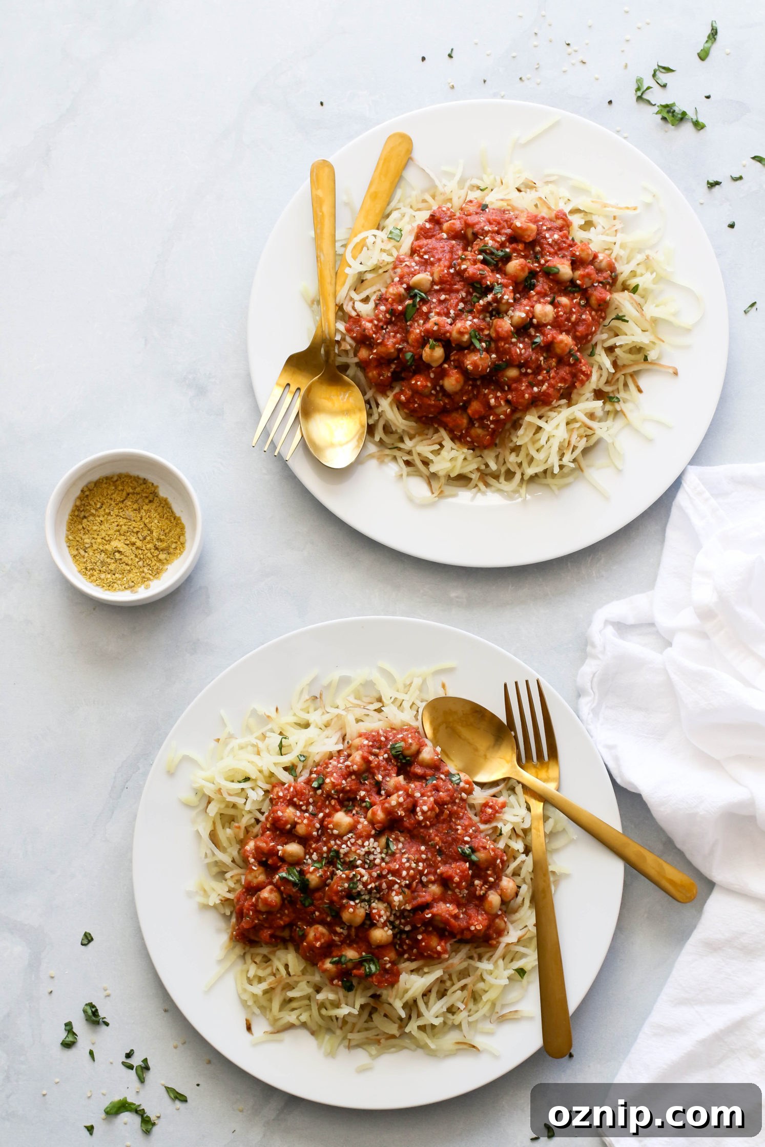 Chickpea & Hemp Heart Bolognese with White Sweet Potato Spirals