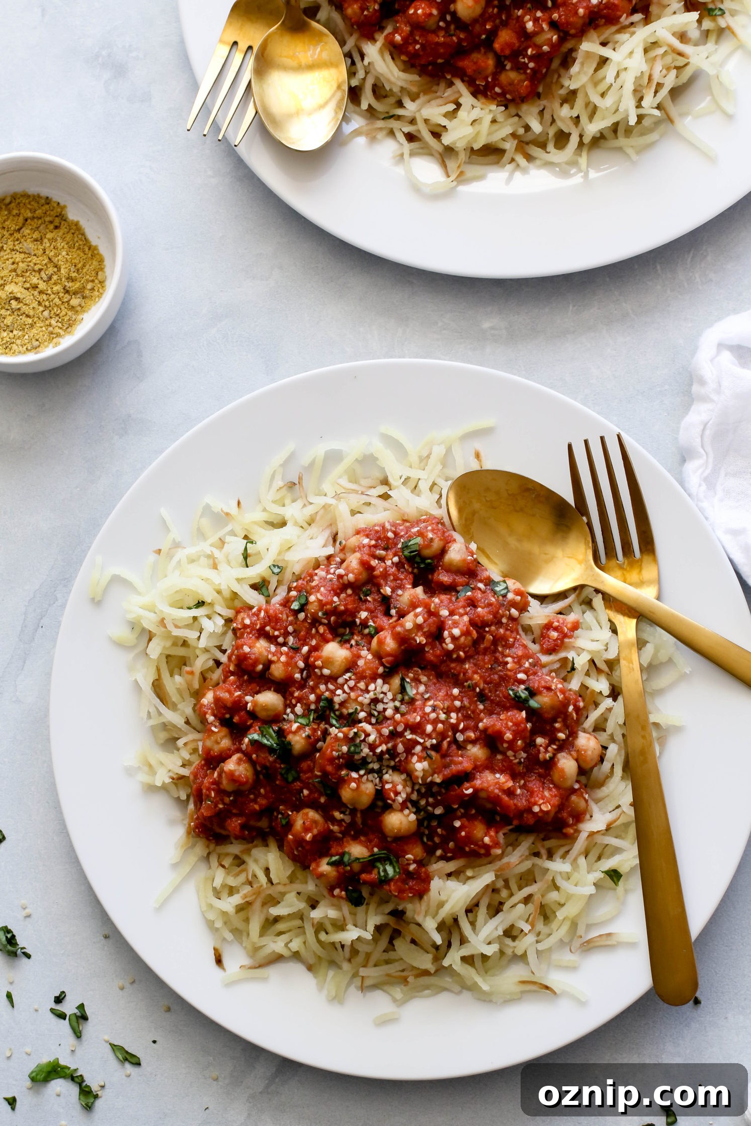 Chickpea & Hemp Heart Bolognese with White Sweet Potato Spirals