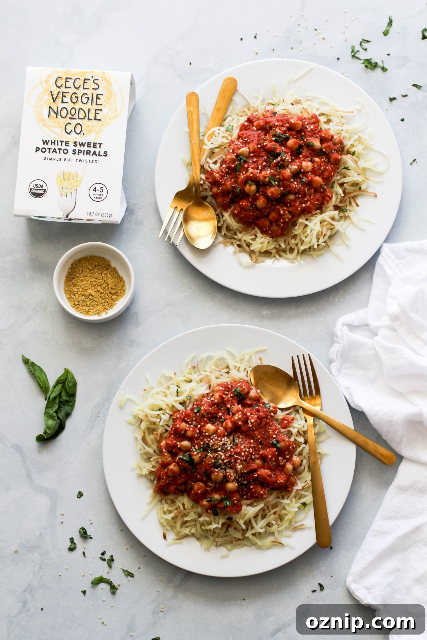 Chickpea & Hemp Heart Bolognese with White Sweet Potato Spirals