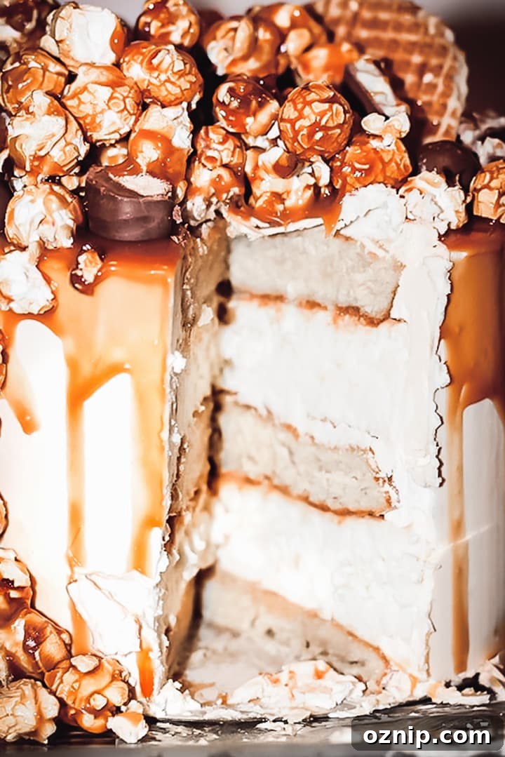 Découpe du layer cake cheesecake au caramel au beurre salé