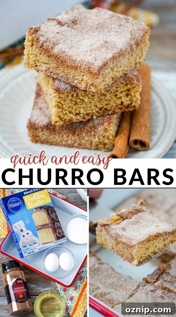 Stack of churro bars with cinnamon sticks