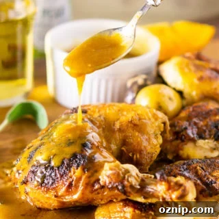 Roasted apple cider spatchcock chicken on a brown table, spoonful of savory sauce dripping onto chicken.