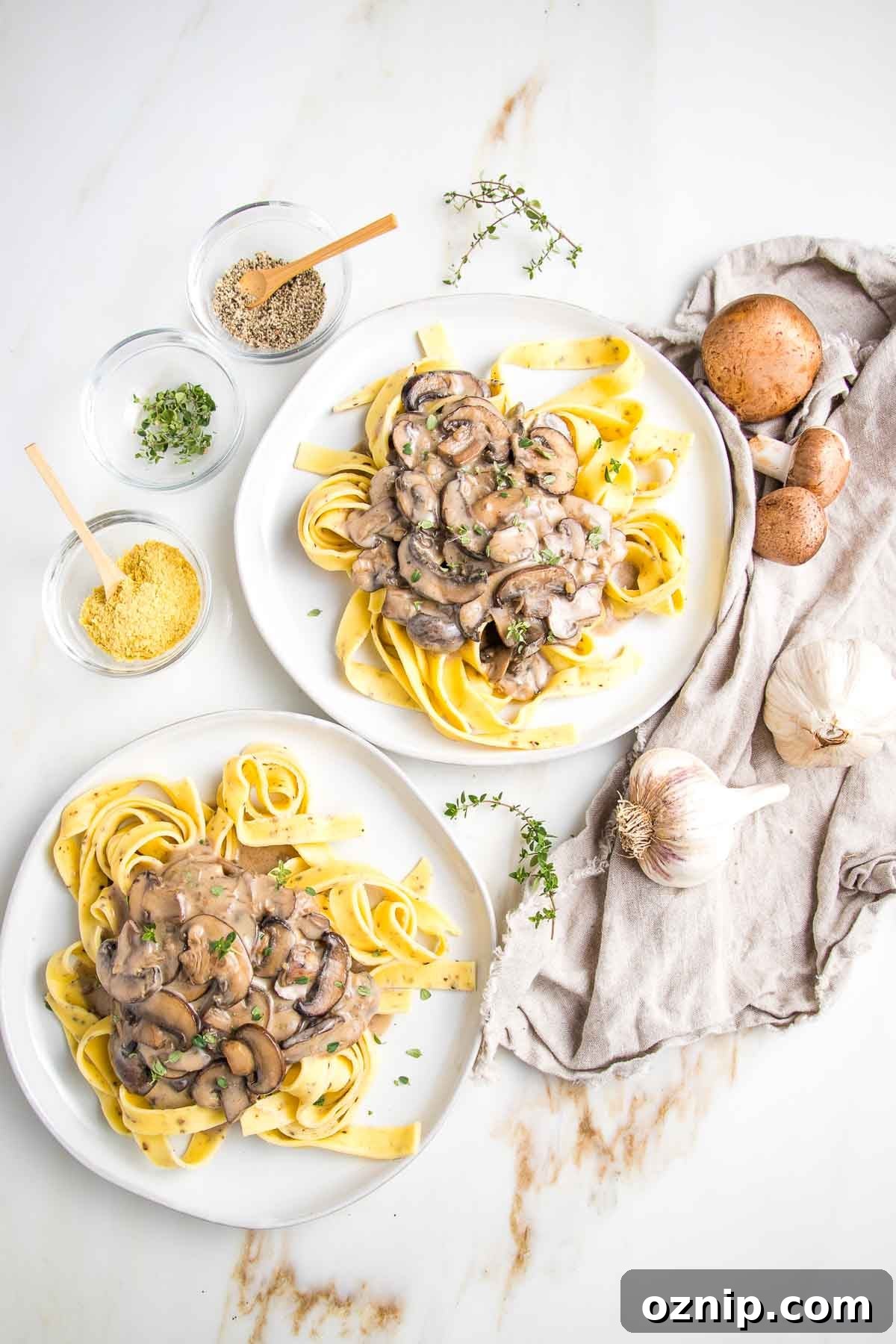 Two plates of ribbon noodles topped with mushroom stroganoff.