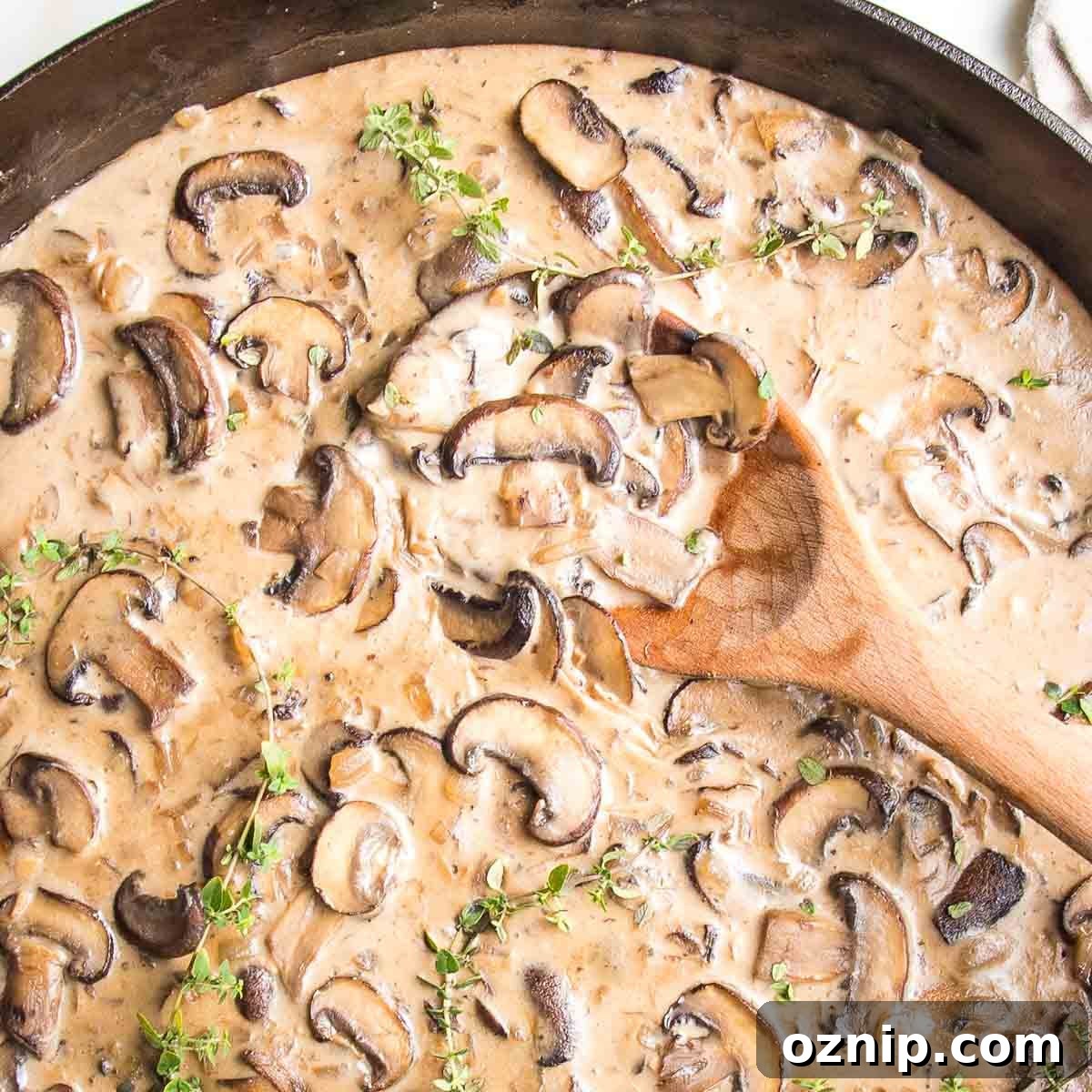 Close up of a vegan mushroom stroganoff sauce.