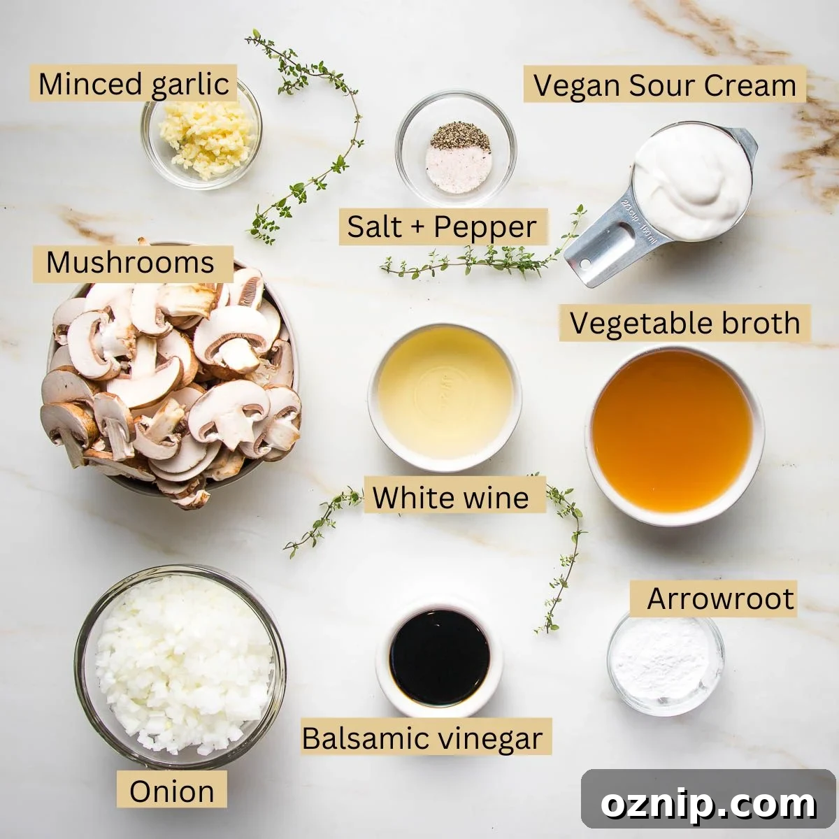 Labeled ingredients: minced garlic, vegan sour cream, mushrooms, vegetable broth, white wine, onion, balsamic vinegar and arrowroot powder.