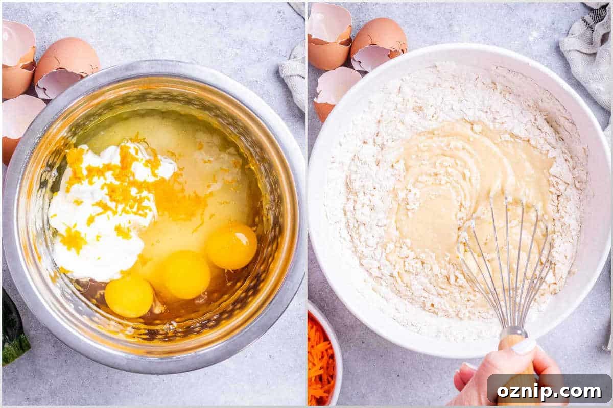 process shot for mixing the eggs with yogurt and oil, and adding it to flour mixture.