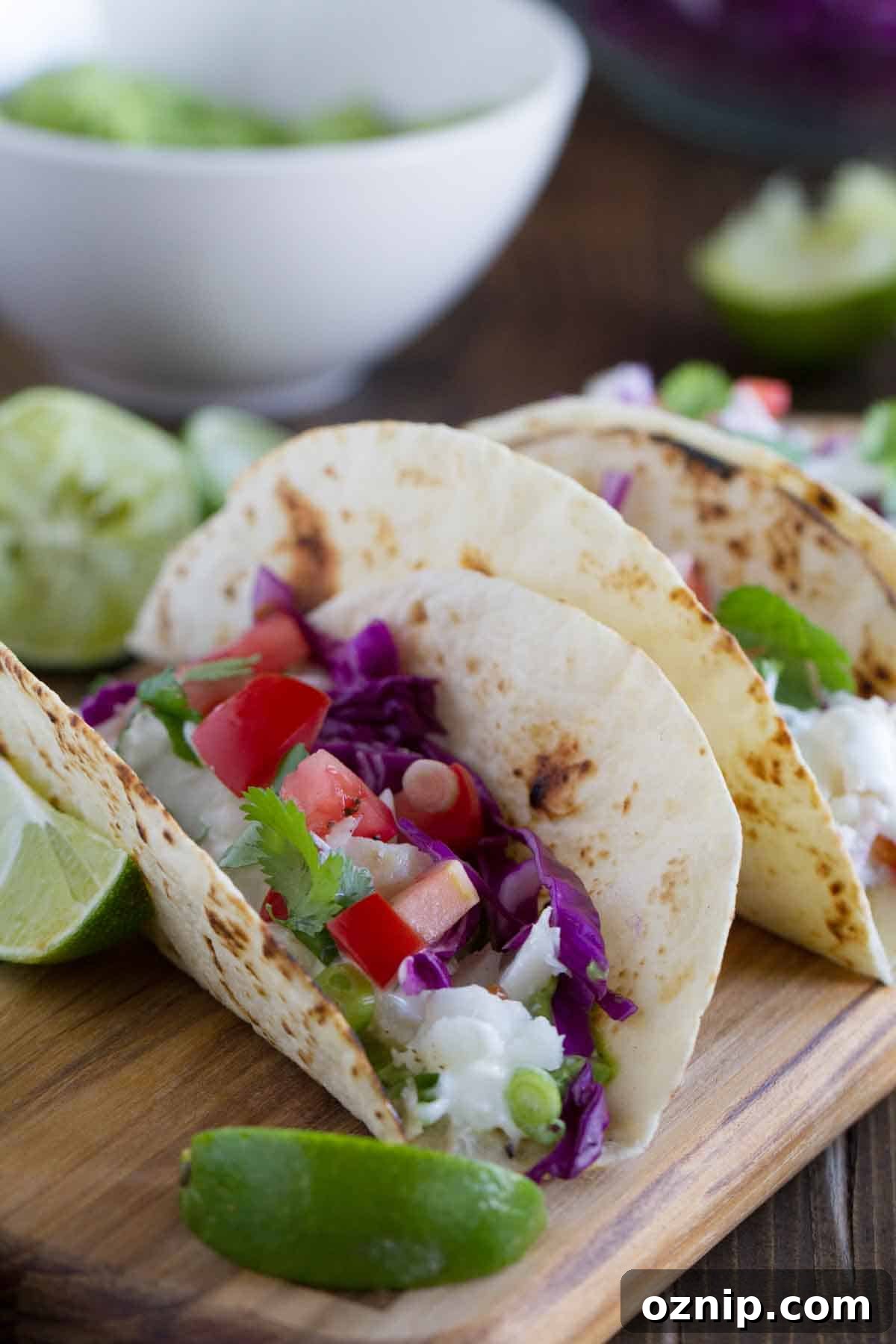 Baja Fish Taco with toppings on a flour tortilla