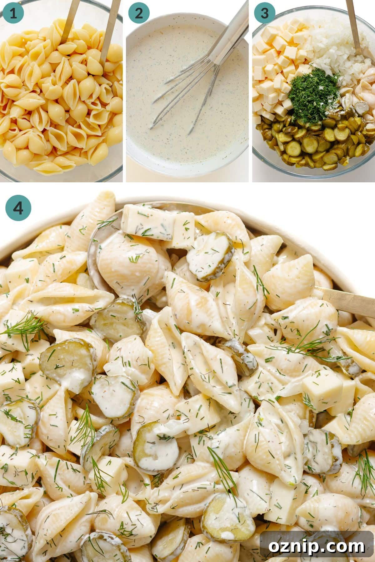 Numbered photo collage showing steps to make dill pickle pasta salad.