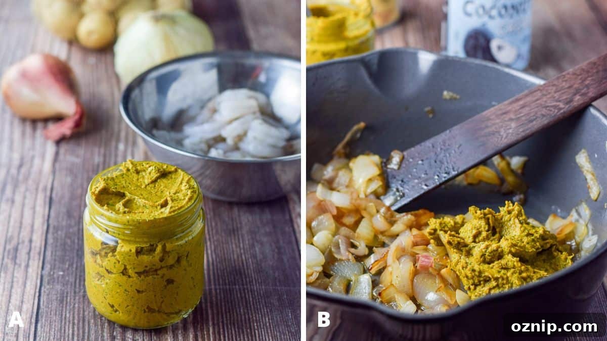 Left - Yellow curry paste, shrimp, a shallot, onion and baby potatoes on a wooden table. Right - Onions and curry in a pan with coconut milk in the background