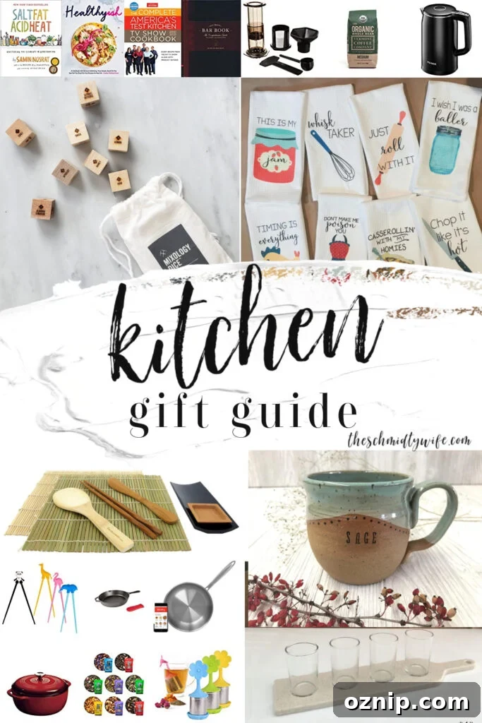 Kitchen Gift Ideas for Home Cooks and Food Lovers 23 A Pinterest Pin Kitchen Gift Guide image of a collage of kitchen gifts.