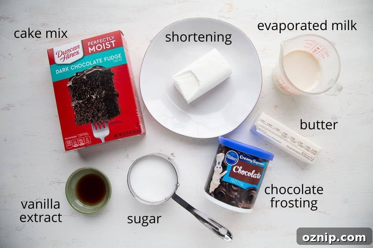 Ingredients for ding dong cake on a white table.