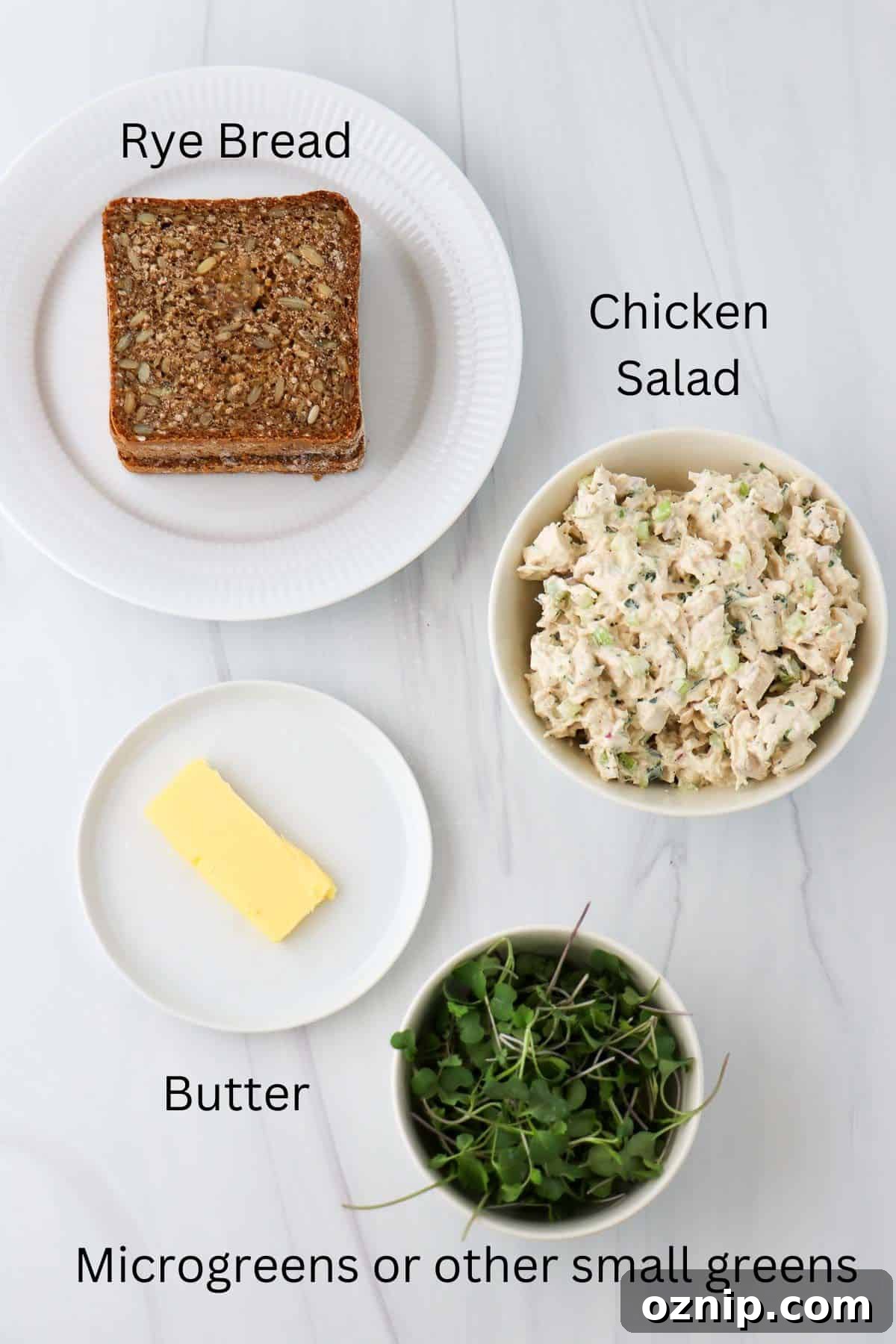 Labeled ingredients for Chicken Salad Smørrebrød
